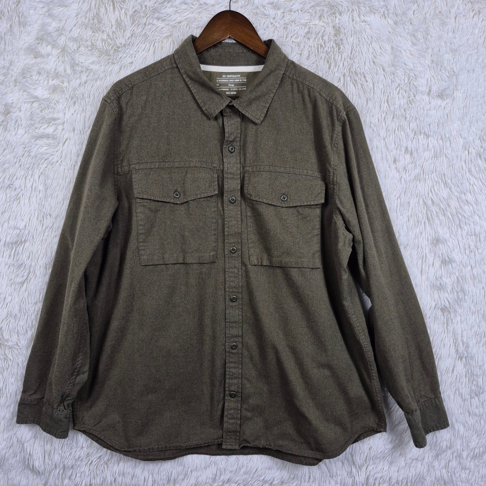 REI Co-op Mens XL Olive Green Organic Cotton Wallace Lake Flannel Shirt